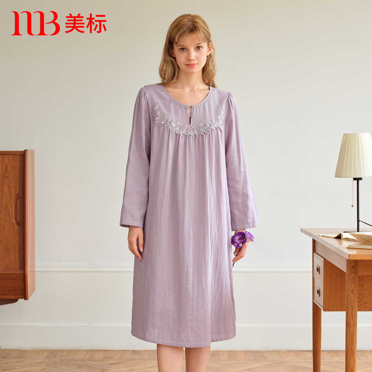 美标女士纯棉棉纱长袖睡裙