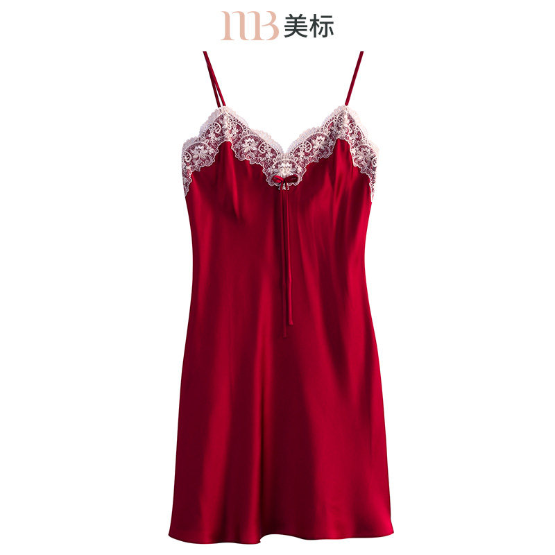 美标吊带真丝睡裙女夏重磅丝绸睡衣结婚红色本命年性感蕾丝家居服