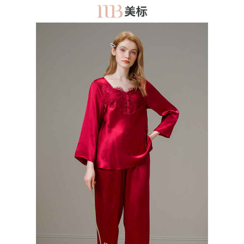 美标真丝睡衣两件套装女春秋100%桑蚕丝性感蕾丝丝绸薄款家居服夏
