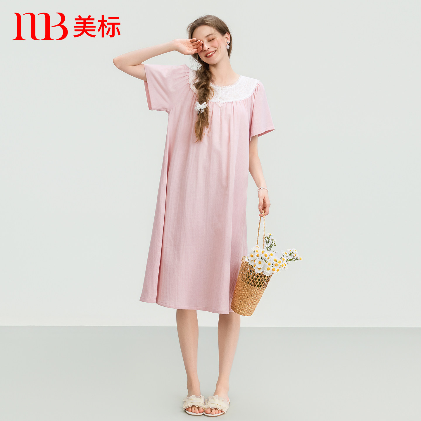 美标纯棉双层棉纱短袖中长款睡裙图片