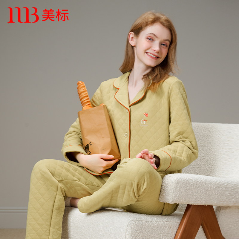美标三层加厚夹棉纯棉睡衣套装女