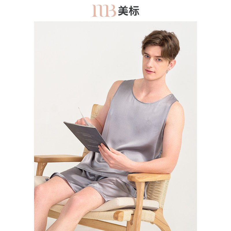 美标新款无袖背心真丝睡衣套装男士春夏桑蚕丝重磅丝绸休闲家居服