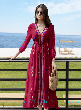 FP高品质定制红色现货 民族风度假连衣裙 波西米亚复古刺绣沙滩裙