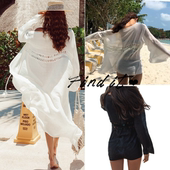 2种长度 游泳衣外搭比基尼罩衫 镂空海边沙滩度假裙防晒开衫 女