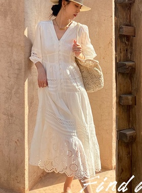 仅S Find出口欧美度假连衣裙女 小个子单排扣刺绣法式白色中长裙