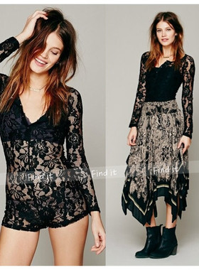 小码欧美时尚女装fre* p镂空全蕾丝长袖性感V领修身黑色连体裤