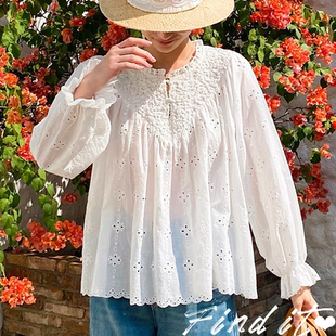 Find春夏新款出口女装南法式重工刺绣衬衣女 宽松娃娃衫白衬衫女