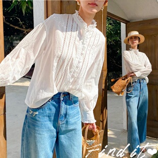 Find出口单法式白衬衫女 立领木耳花边棉麻镂空南法宽松长袖衬衣