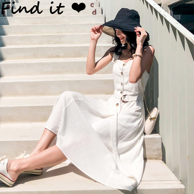 收腰棉白色简约款小个子中长裙