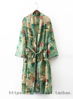 欧美春夏新品 绿色四面弹印花和服长款外套 度假风披肩防晒长开衫