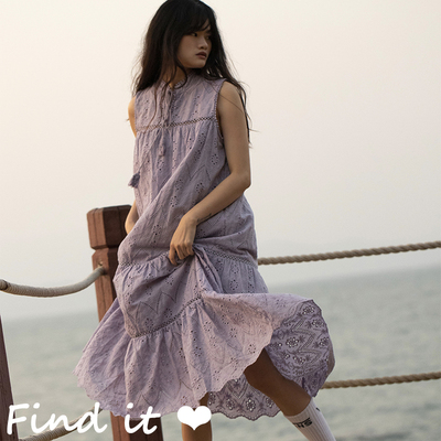 镂空刺绣棉质纯色无袖长裙背心裙