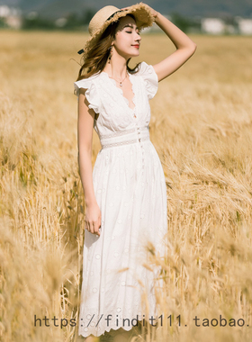 FP高品质定制现货 实拍白色仙女裙 收腰显瘦长裙度假沙滩连衣裙