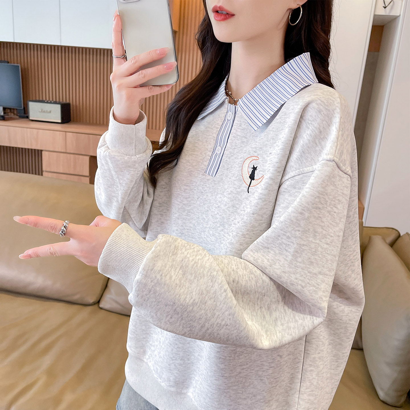 polo领卫衣女春秋薄款宽松图片