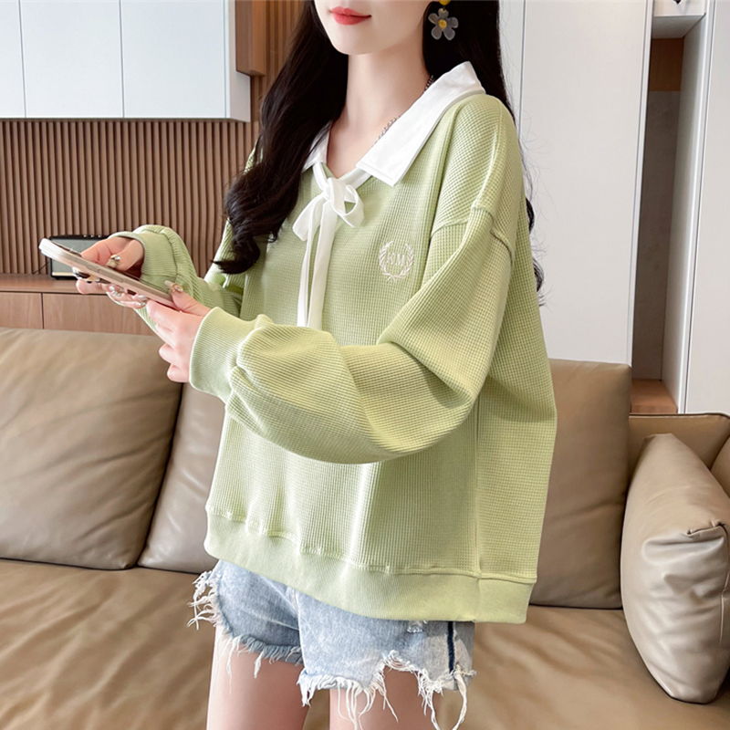 薄款宽松假两件蝴蝶结卫衣女