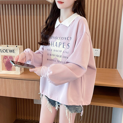 薄款宽松假两件印花卫衣女