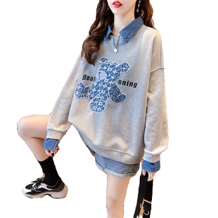 早秋娃娃领卫衣女春秋韩版宽松薄款polo领长袖t恤假两件上衣外套