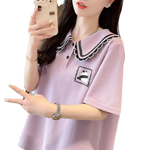 翻领polo衫短袖t恤女夏季韩版宽松大码女装胖mm娃娃领撞色上衣服