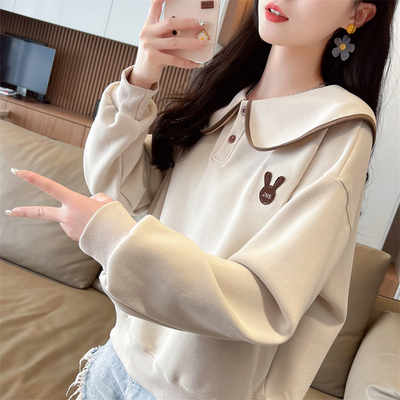 加绒加厚宽松娃娃领撞色卫衣女