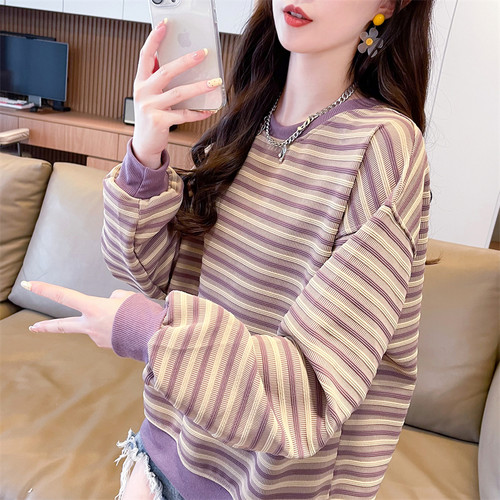薄款宽松小个子条纹卫衣