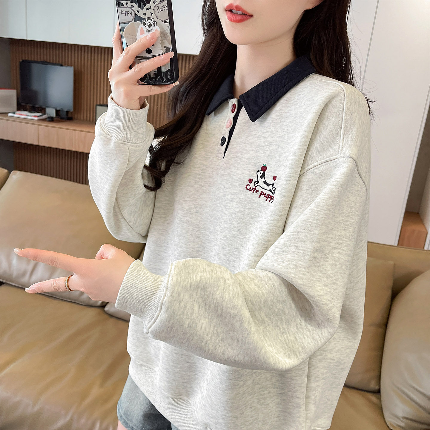 早春polo领撞色卫衣女2026新款春秋季韩版宽松薄款初中生上衣外套