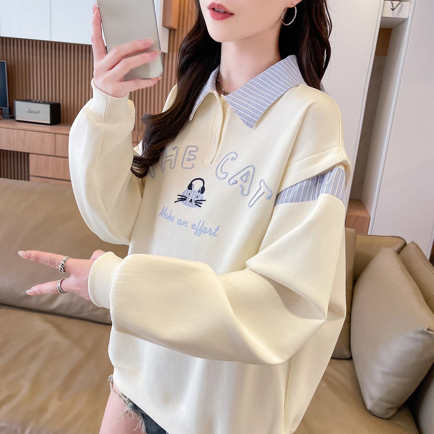 衬衫领卫衣女薄款宽松图片
