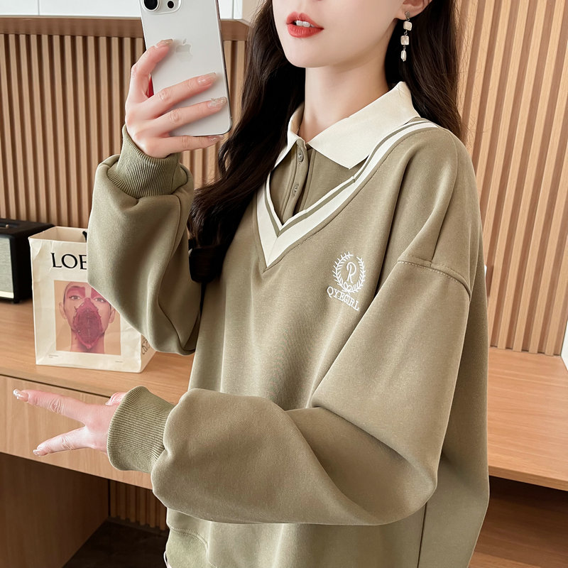 加绒加厚宽松polo领假两件卫衣女