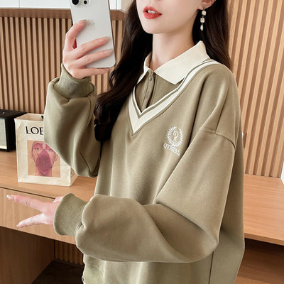 加绒加厚宽松polo领假两件卫衣女