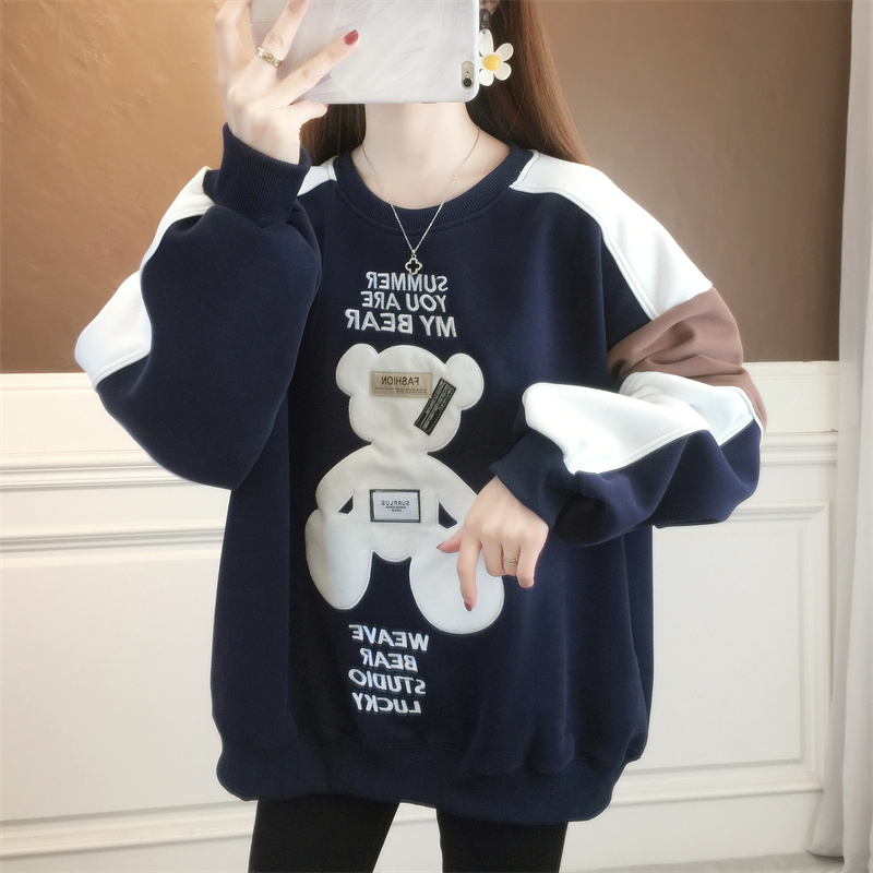 加绒加厚宽松慵懒风拼色卫衣女