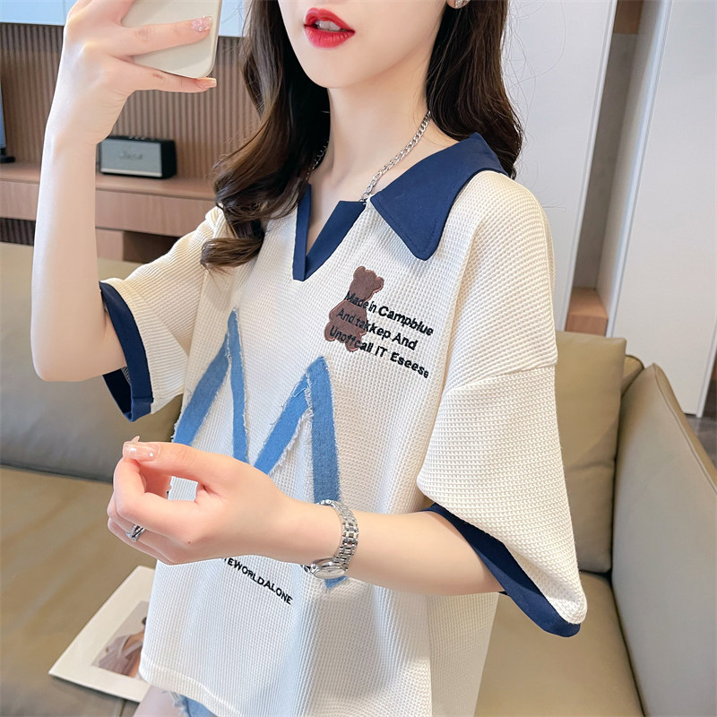 翻领polo衫短袖t恤女夏季韩版宽松大码女装撞色小个子半袖上衣服