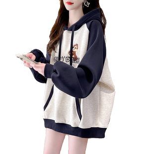 早春连帽卫衣女春秋韩版宽松大码薄款百搭学生撞色插肩袖上衣外套