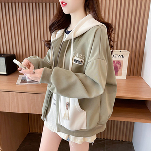 拉链外套女2024新款秋冬季韩版宽松加绒加厚百搭撞色重工开衫卫衣