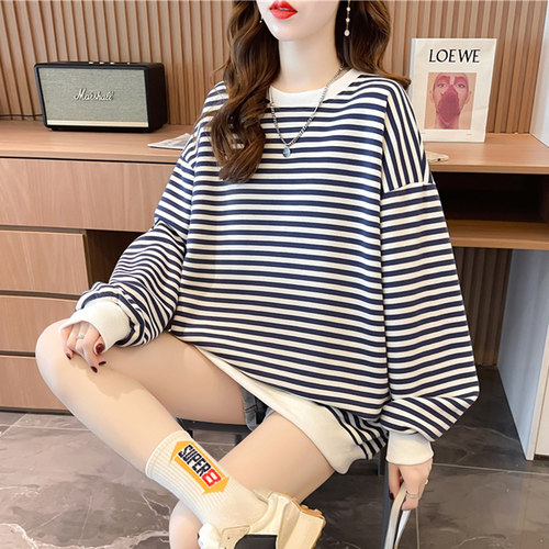 薄款宽松慵懒风条纹卫衣女