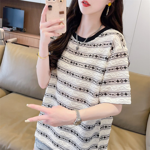 短袖t恤女大码女装条纹提花