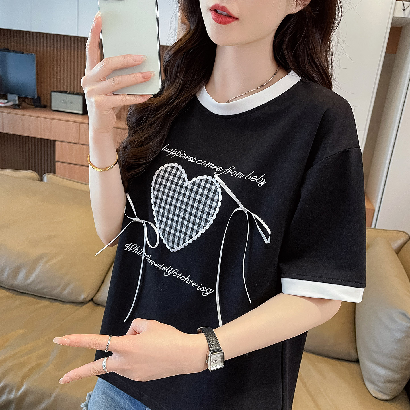 蝴蝶结爱心短袖t恤女宽松图片