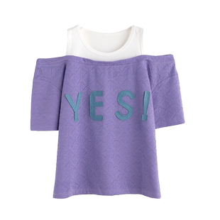 设计感小众短袖t恤女夏季韩版宽松大码个性露肩性感假两件上衣服