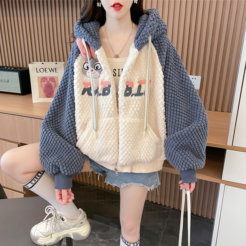 小个子撞色羊羔毛外套女加绒加厚