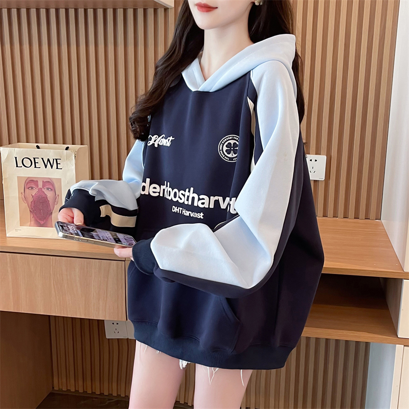 连帽卫衣女春秋季韩版宽松大码女装胖MM撞色中长款外套薄款连衣裙