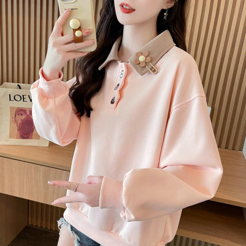 薄款宽松翻领撞色卫衣女