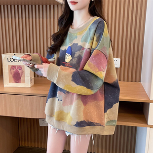 慵懒风百搭薄款 宽松大码 上衣外套 韩版 早秋渐变色扎染卫衣女春秋季