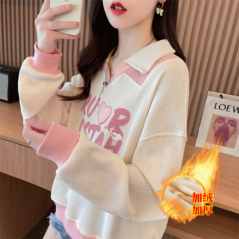 加绒加厚宽松小个子撞色卫衣女