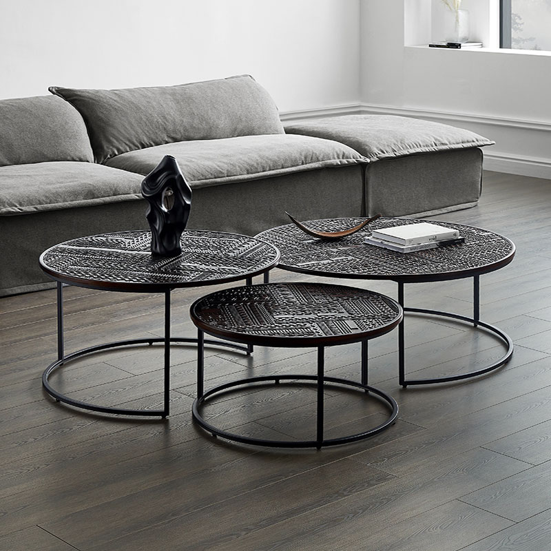 北欧柚木雕花茶几圆形咖啡桌别墅