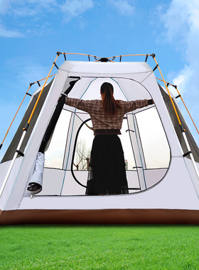 户外全自动过夜大帐篷铝合金六角3-4人5晒防暴露野营双层