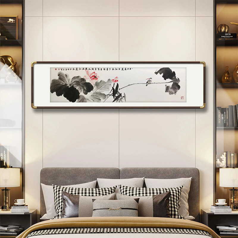 年年有鱼莲花荷花图餐厅卧室床头挂画中式装饰画横幅水墨莲花国画