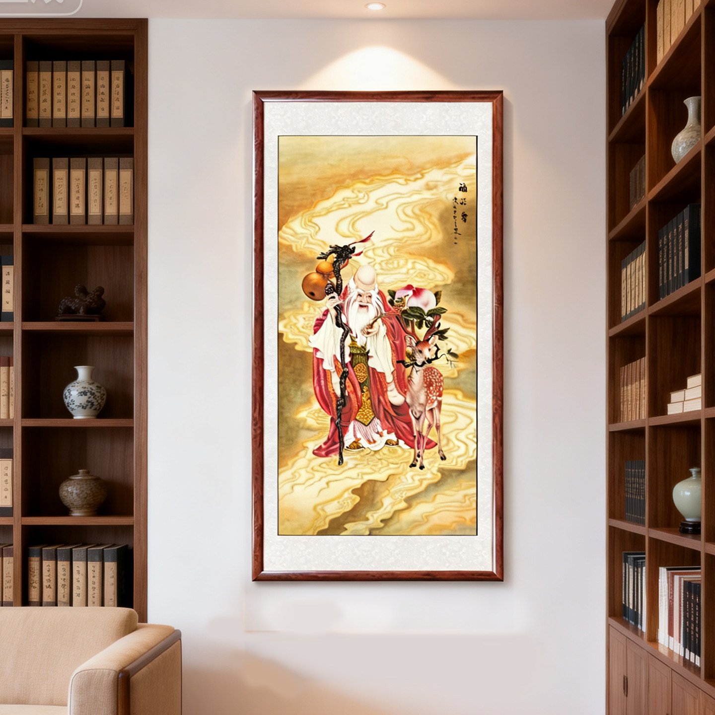 南极仙翁神福寿图竖版挂画 客厅走廊过道 玄关中式装饰画带框成品