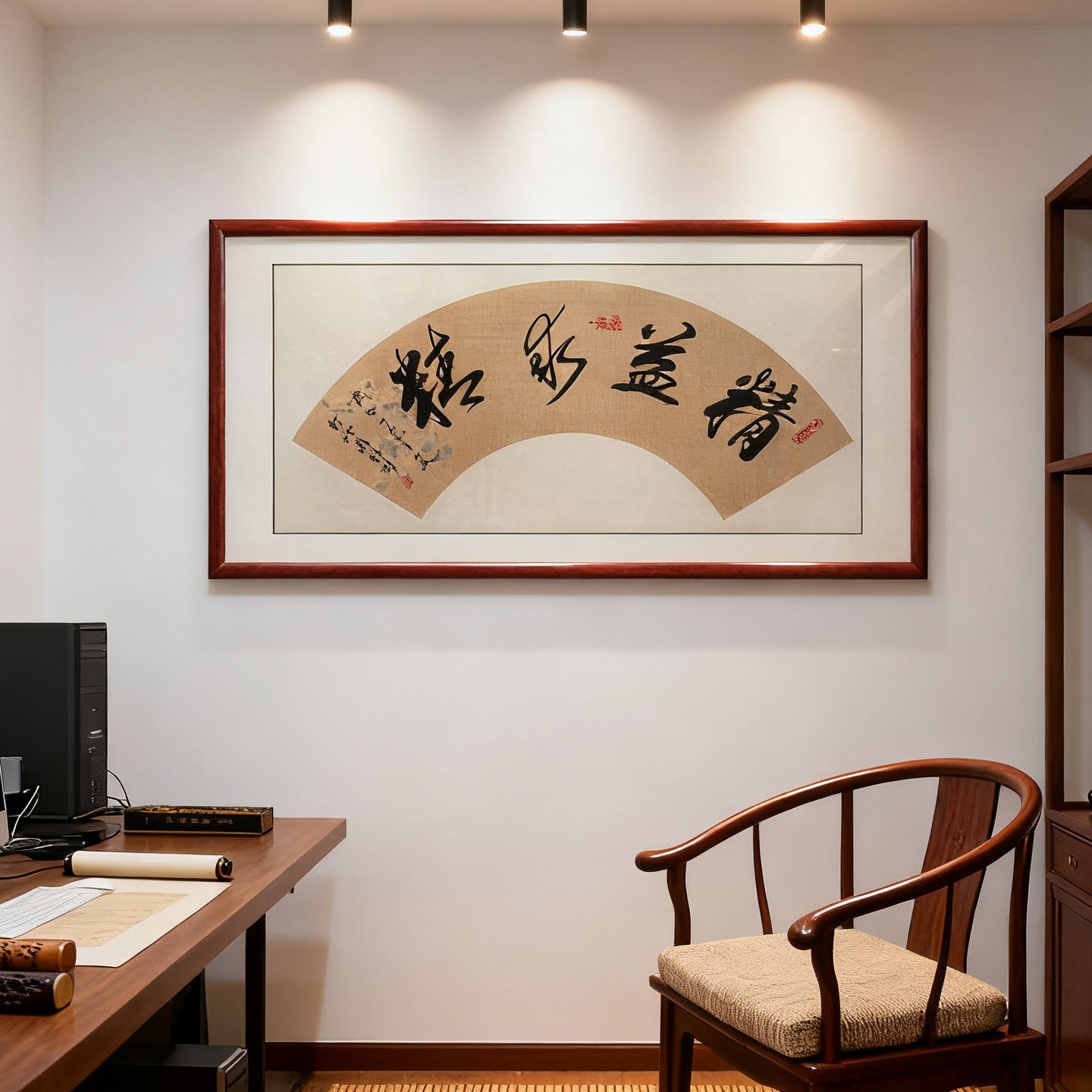 手写书法精益求精扇形字画 工作室书房装饰画 实木框挂画带框成品