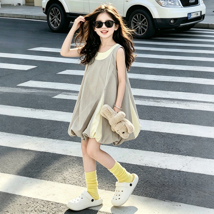 童装女童连衣裙2026夏季时尚童装裙子圆领无袖南瓜裙中大童花苞裙