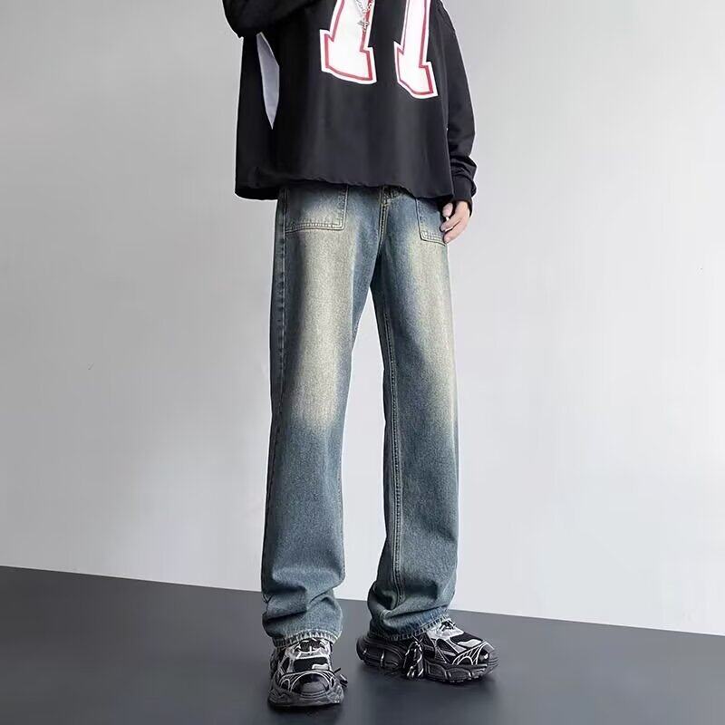 高街复古水洗直筒牛仔裤男装春秋美式高腰宽松拖地裤阔腿裤子长裤