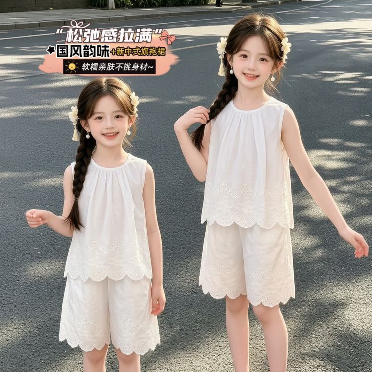 女童绣花套装夏季2026新款宝宝洋气儿童时髦夏装背心阔腿裤两件套