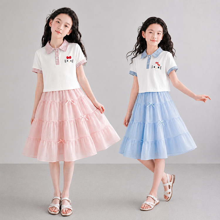 女童夏季休闲套装裙2026新款洋气小女孩格子翻领短袖半身裙两件套