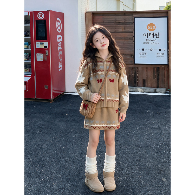 女童2026秋冬羊毛套装新款拉链蝴蝶结毛衣洋气半身裙两件套潮